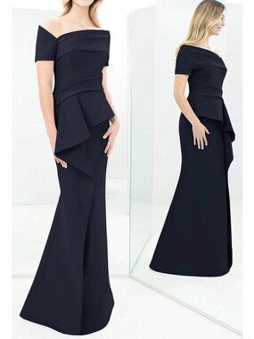 Alexander by Daymor 1361 Formal Gown Asymmetrical Peplum Mermaid Navy size 16